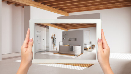 Wall Mural - augmented reality concept. hand holding tablet with ar application used to simulate furniture and de