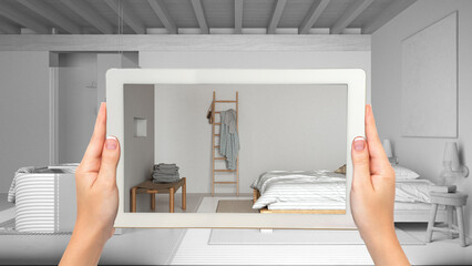 Wall Mural - augmented reality concept. hand holding tablet with ar application used to simulate furniture and de