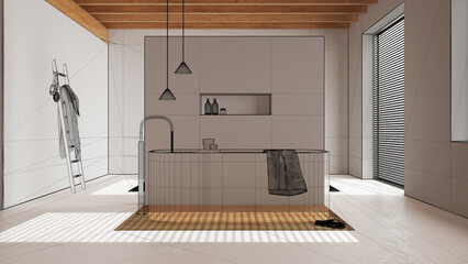 Sticker - Empty white interior with resin floor, custom architecture design project, black ink sketch, blueprint showing minimal bathroom, japandi interior design