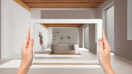 Wall Mural - augmented reality concept. hand holding tablet with ar application used to simulate furniture and de