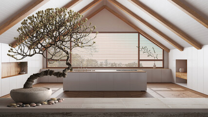 Wall Mural - Vintage wooden table shelf with pebble and potted bloom bonsai, white flowers, over minimal white kitchen with island, japandi architecture concept idea