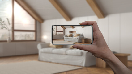 Wall Mural - hand holding smart phone, ar application, simulate furniture and interior design products in real ho
