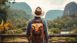 Fototapeta  - Young traveler wearing a hat with backpack hiking outdoor Travel Lifestyle and Adventure concept