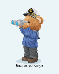 Wall Mural - Vector illustration of hand drawn teddy bear in sailor costume with binocular