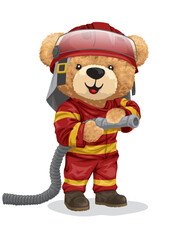 Sticker - Vector illustration of hand drawn teddy bear in fireman uniform holding fire hose