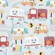 Seamless pattern vector of funny rescue vehicles cartoon with traffic elements