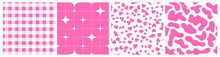 Set Of Vector Seamless Pattern In Barbiecore Style. Pink Backgrounds With Checkers, Stars, Hearts And Abstract Geometric Shapes. Y2k Barbie Textures