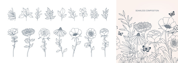 Wall Mural - Floral branch and Minimalist Outline Flowers for logo or tattoo Decorations. Full Vector Hand drawn line Wedding Herbs, Elegant Leaves, Beautiful Flowers. Horizontal Seamless Pattern Included.