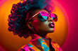 © Sergiy Mozgalevskyy - Young african american woman with sunglasses, beautiful makeup, bright neon colors, high fashion, studio portrait. Generated with AI.