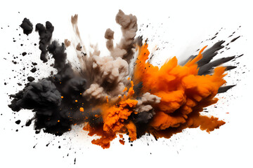 Wall Mural - Black and orange paint explosion smoke cloud splash isolated on transparent background - Generative AI