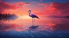  A Pink Flamingo Standing In The Water At Sunset With A Pink Sky.  Generative Ai