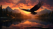  A Bald Eagle Flying Over A Lake With A Sunset In The Background.  Generative Ai