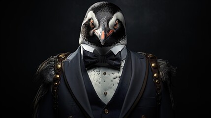  a penguin dressed in a tuxedo and bow tie.  generative ai