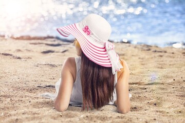 Sticker - Summer Vacation concept. Woman enjoying at Beach.