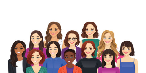 Wall Mural - Portrait of multicultural multiethnic group of different smiling casual and business women isolated vector illustration