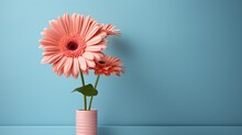  Two Pink Flowers In A Pink Vase Against A Blue Background.  Generative Ai