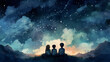 Silhouette of children sitting in the nature, stargazing the night sky, witnessing the beauty of the cosmos above. watercolor style illustration