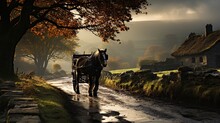  A Horse And Buggy Traveling Down A Country Road In The Fall.  Generative Ai