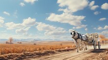 A Horse Drawn Carriage Traveling Down A Dirt Road In The Country.  Generative Ai