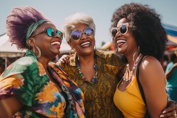 Wall Mural - a photo of three diverse middle-aged mature women in modern stylish clothes smiling at the colorful music festival, mature friendship representation. Generative AI technology