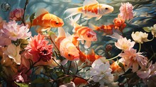  A Painting Of A Group Of Fish Swimming In A Pond.  Generative Ai
