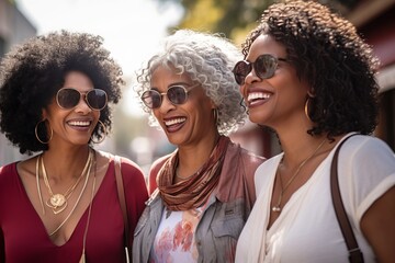 Wall Mural - a photo of three diverse middle-aged mature women in modern stylish clothes smiling, mature friendship representation. Street style photography. Generative AI technology