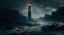  A Lighthouse In The Middle Of A Stormy Sea At Night.  Generative Ai