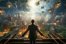 Man Standing On Balcony Overlooking Cityscape Upside Down Floating Modern Buildings Trees Greenery Blue Sky Clouds Light Beams Dreamlike And Fantastical