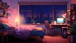 © Kanisorn - Animated studying lofi background. Late night homework. 2D cartoon character animation with nighttime cozy bedroom interior on background.