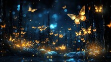  A Group Of Butterflies Flying Over A Forest Filled With Water.  Generative Ai