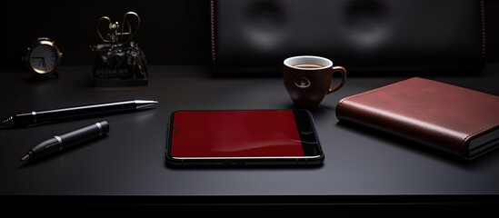 Poster - modern workplace in a company, featuring a cellphone, espresso, leather planner, and pen, all set on a black backdrop with blank space.