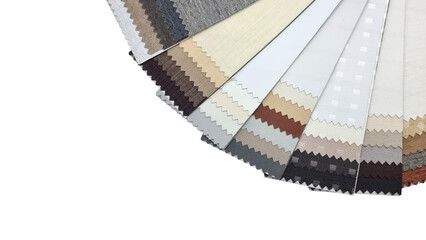 swatch of black out drapery fabric samples with different textures in earth color tone, close up view, isolated on background with clipping path.
