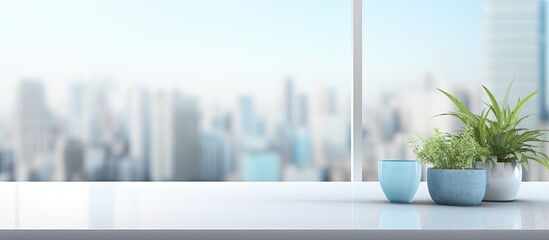 Aufkleber - The background is a blurred modern workspace with a window and light, suitable for offices or hospitals. It is a white indoor interior with copy space for advertising and business presentations.