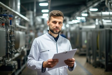 Inside the food processing factory with a positive smiling technologist holding checklist Industrial workers are satisfied with the results and quality control.