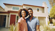 Happy young couple standing in front of new home - Husband and wife buying new house - Life style real estate concept