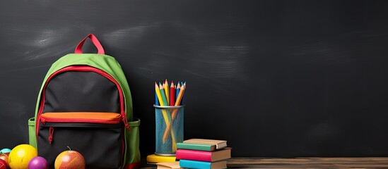Fototapete - The mockup template features educational accessories, such as a backpack, student books, shoes, and colorful crayons on a blackboard background.