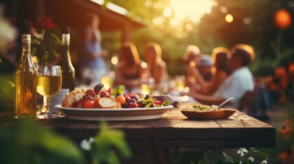 Wall Mural - a group of friends having dinner and drinks outside in the nature. Vacation with friends. Fun, celebration. Summer time