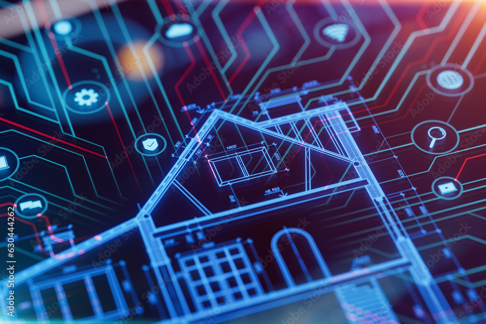 Blueprint of a house with technology icons. Concept of smart home ...
