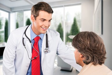 Wall Mural - Healthcare concept, man and happy doctor talking, AI generated image