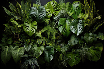 Wall Mural - Monstera Green leaves with vegetation in lush green colors. Vertical gardening. 