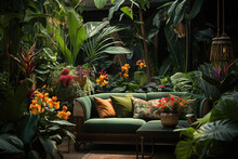 Living Room With Many Green Plants And Green Comfortable Sofa And Lots Of Pillows 