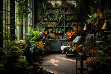 Poster - Small armchair in Home office with many natural leaves. Winter garden of plants, such as evergreens, that flourish in winter. 