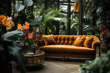 Poster - Living room with yellow sofa and many green plants. 