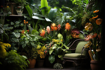 Poster - Green armchair in living room with many flowering  plants.