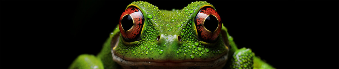 Wall Mural - extreme close up of frog eyes front view looking at camera banner with copy space