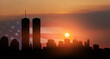 New York skyline silhouette with Towers and USA flag at sunset. American Patriot Day banner.