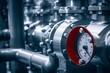 Industrial  concept. equipment of the boiler-house, - valves, tubes, pressure gauges, thermometer. Close up of manometer, pipe, flow meter, water pumps and valves of heating system, Generative AI