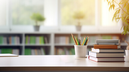 Stack of books and cantovars on wooden table and blurred bookshelf in library room, education, back to school. Generative AI