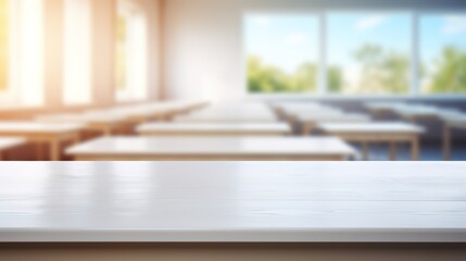 Empty school desk in the workplace, white table, workspace in a blurred study room. Generative ai