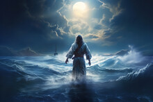 Jesus Christ Is Walking On The Water Of A Stormy Sea At Night Toward A Boat.  AI Generation